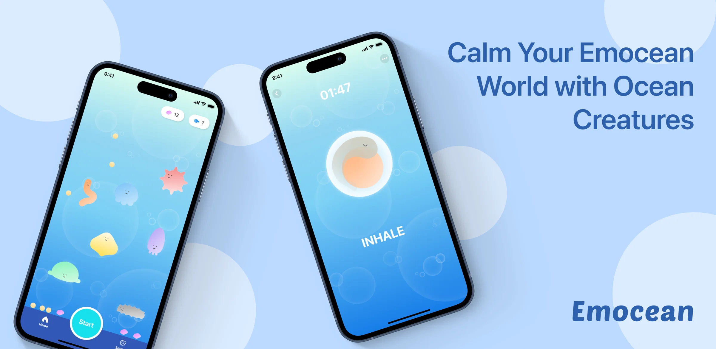 Emocean app screens showing the gamified emotion visualization
